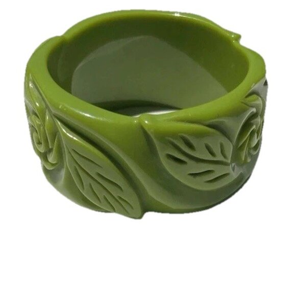 Vintage Wide Leaf Carved Bangle Leaf Green 80’s Boho Women’s Sz 8” Quality Pc - Picture 1 of 10